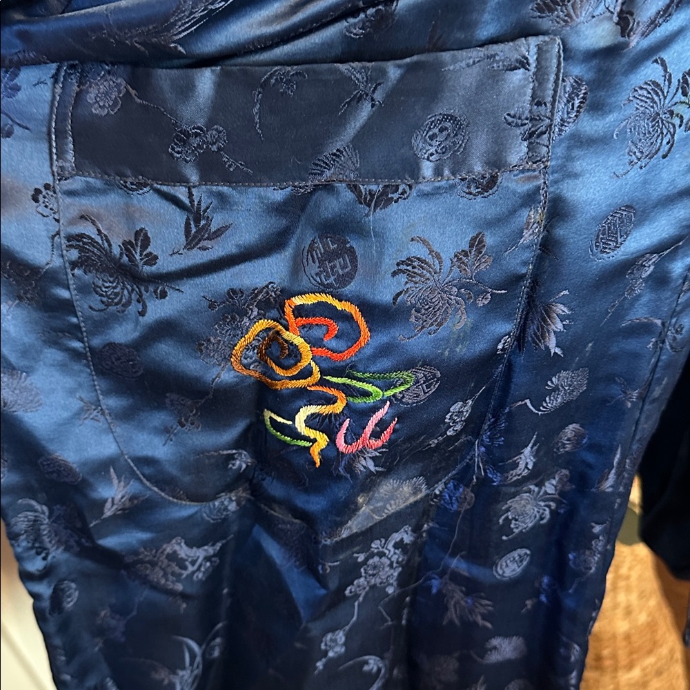 Vintage Esme Women's embroidered dragon embossed Chinese blue L pure silk robe - Picture 6 of 14